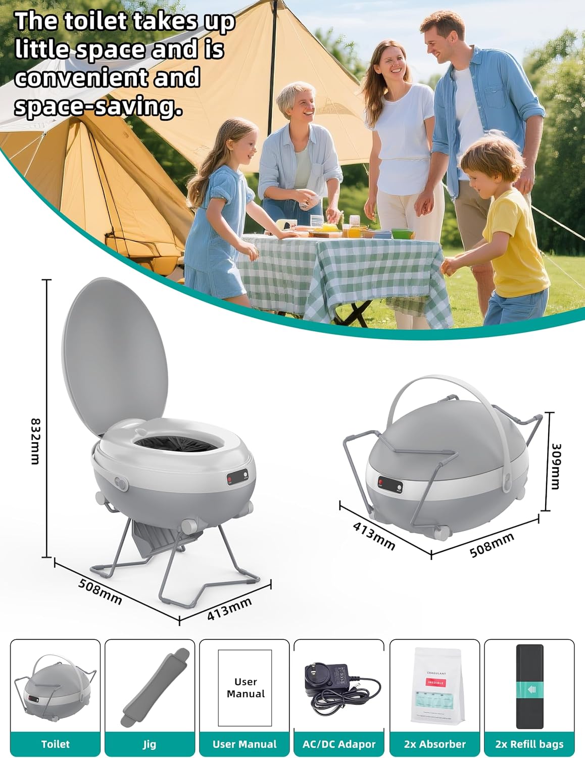 🚽Portable Rechargeable Dry Flush Toilet, Waterless Self-Contained Design